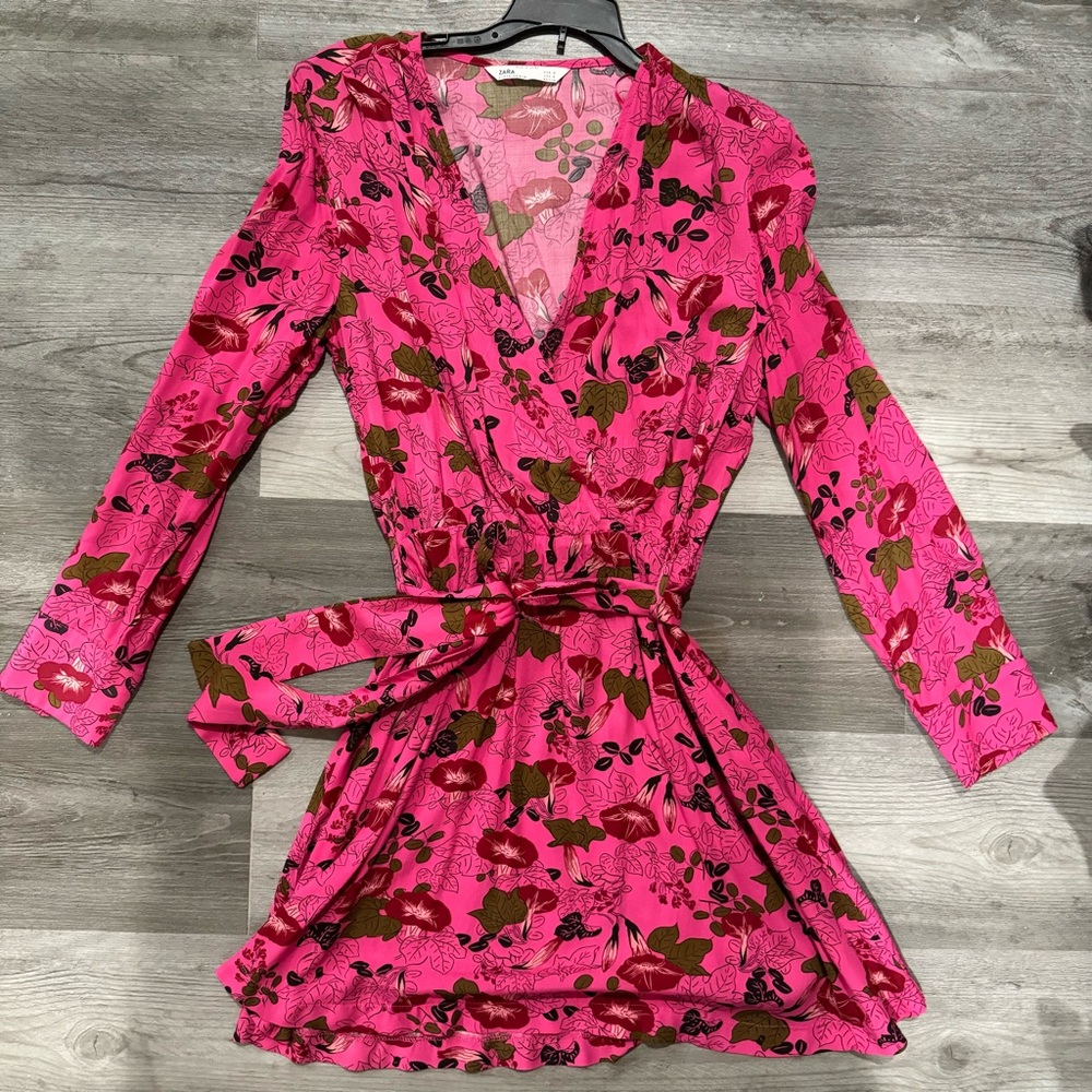 Zara Pink Floral Wrap Mini Long Sleeve Dress